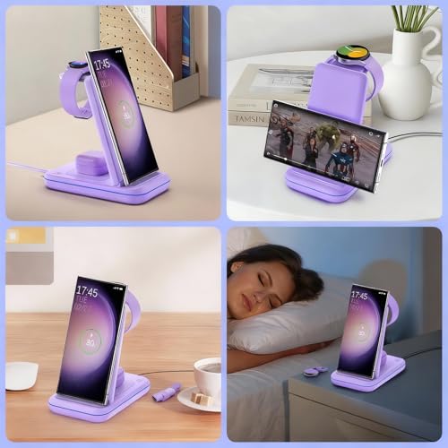 Wireless Charging Station for Samsung/Android, Fast Wireless Watch Charger Station Compatible for Samsung Galaxy S26 Ultra/S25/S24+/Z Flip 7/6 Fold 7/6, Watch8/7/Pro/Active 2 Galaxy Buds3/2 Pro(Purple - color: Purple