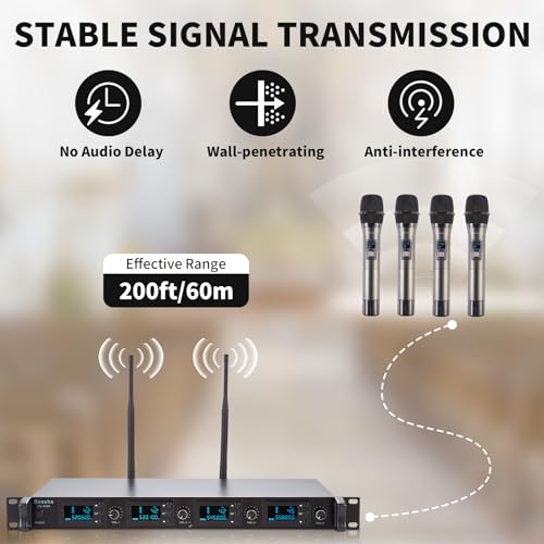 Wireless Microphone System, 4-Channel UHF Wireless Mic, Fixed Frequency Metal Cordless Mic with 4 Handheld Dynamic Microphones, 200ft Range, Mics for Singing, Church (4 Handheld) - size: 4 Handheld