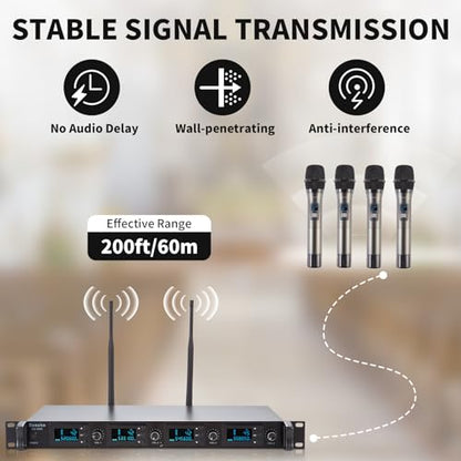 Wireless Microphone System, 4-Channel UHF Wireless Mic, Fixed Frequency Metal Cordless Mic with 4 Handheld Dynamic Microphones, 200ft Range, Mics for Singing, Church (4 Handheld) - size: 4 Handheld