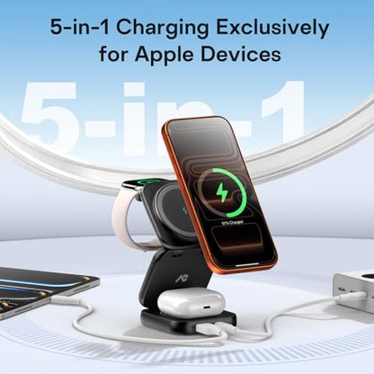 5-in-1 Wireless Charger for MagSafe, AC ISLAND Portable Travel Charging Station, 35W Max Qi2 Fast Foldable Magnetic Stand, Evolved for iPhone 17-12 Series, Apple Watch, AirPods (with 35W Adapter) - color: Black