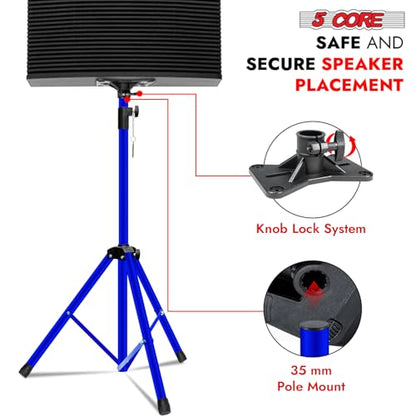 5 Core Speaker Stand Pair Universal Mount Steel Construction 132 Lb Capacity Stable Tripod w/Adjustable Height 72” w 35mm Compatible Insert Metal Safety Pin Included Bag - color: Blue