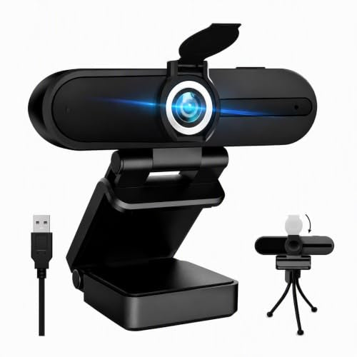 Webcam 4K 8MP with Microphone&Privacy Cover&Tripod for PC Video Call - color: Black