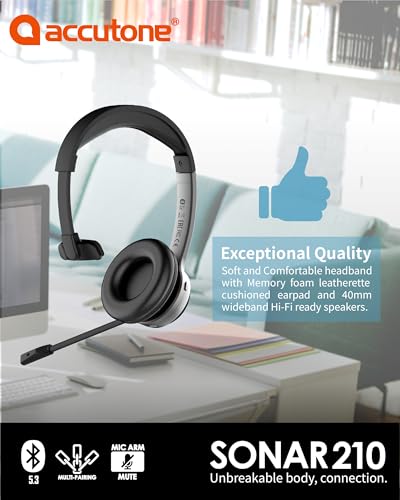Accutone Sonar 210 Mono Bluetooth Headphones, Headset with mic, Long-Enduring Battery for PC/Mac & Cell Phones. Compatible with MS Teams/Skype/Zoom Best Choice for Work
