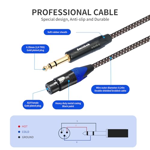 Smithok 1/4 to XLR Cable,Heavy Duty Nylon Braided,Gold Plated Plug,Balanced 1/4" TRS (Quarter Inch 6.35mm) to 3pin XLR Female Patch Cable, Microphone Cable, for Speaker,Mixer-10ft(3M) - size: 1 Pack 10.0 ft