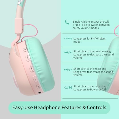 Icarer Kids Bluetooth Headphones with 85dB Volume Limiter, Bluetooth 5.4 & 20H Playtime, Ultra-Soft Foldable Over-Ear Headset with Mic, FM/TF/Wired Mode, Cute Animal Design for School Travel (Pink) - color: Pink