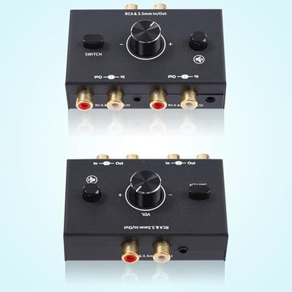 RCA 3.5mm Port 1 in 2 Out / 2 in 1 Out Bi-Directional Audio Switcher, 2-Way Stereo L/R Sound Channel Speaker Headphone Audio Switch Selector Splitter Box