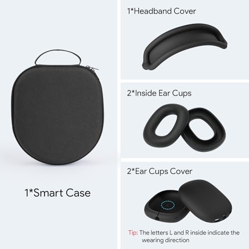 Yinke Smart Case for AirPods Max Headphones Supports Sleep Mode, with AirPods Max Silicone Earpad Cover/Ear Cups Cover and Headband Anti-Scratch Accessories, Hard Organizer Portable Carry Travel | with AirPods Max Silicone Earpad Cover/Ear Cups Cover and