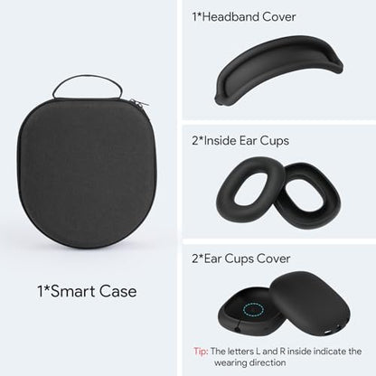 Yinke Smart Case for AirPods Max Headphones Supports Sleep Mode, with AirPods Max Silicone Earpad Cover/Ear Cups Cover and Headband Anti-Scratch Accessories, Hard Organizer Portable Carry Travel | with AirPods Max Silicone Earpad Cover/Ear Cups Cover and