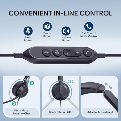 Yealink UH44 USB Headset, Teams Certified, 2 Mics, USB-C/A,in-Line Controls | AI noise-canceling mics,usb headset with microphone for work,wired headset for pc laptop,work from home,busy light