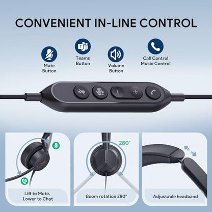 Yealink UH44 USB Headset, Teams Certified, 2 Mics, USB-C/A,in-Line Controls | AI noise-canceling mics,usb headset with microphone for work,wired headset for pc laptop,work from home,busy light