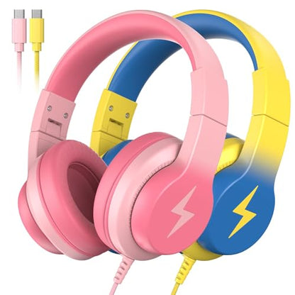 Candy Bila 2 Pack USB C Kids Headphones for School,Wired Over-Ear | 85dB Safe Volume,Stereo Sound,Adjustable headband, Foldable Design,Compatible USB-C iPads,Tablets,Gradient Pink+Light Yellow - color: Light Pink+Yellow