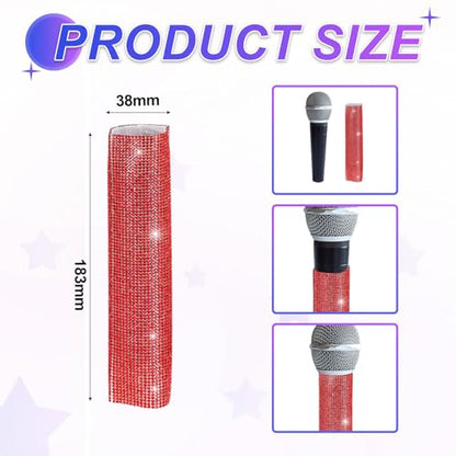 MECCANIXITY Red Mic Handle Cover, Rhinestones Microphone Handle for Most Universal Wireless Microphones, Mic Not Included(with Black Velvet Bag) - color: Red Black