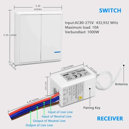 Thinkbee Wireless Lights Switch Kit, 2 Gang Wall Switch with Mini Receiver - size: 2 button switch+2 receiver
