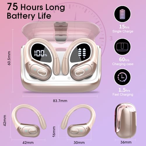 Aptkdoe 2 Sets Wireless Earbuds Sport, Bluetooth 5.4 Over Ear Buds Stereo Deep Bass Over Ear Bud with Earhooks, 75H Wireless Earphones with Mic, IPX7 Waterproof Earphone for Sports Rose Gold+White