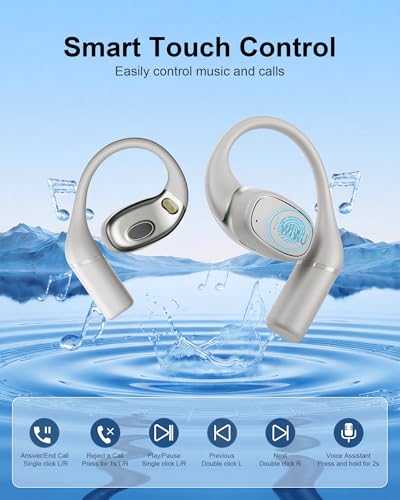 Open Ear Headphones,Bluetooth Wireless Earbuds with 2 Mics,Touch Control,ENC Noise Cancelling,HiFi Stereo Sound Sport Earbuds for Gym Cycling,Compatible with iPhone and Android(Beige) - color: Beige