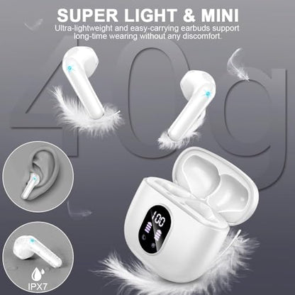 Wireless Earbuds, Bluetooth 5.4 Headphones 50H Playback Bass Stereo Ear Buds with 4 ENC Cancelling Mics, in-Ear Earphones with LED Display, IP7 Waterproof USB-C for Laptop Pad Phones Workout Rose Gold - color: pure white