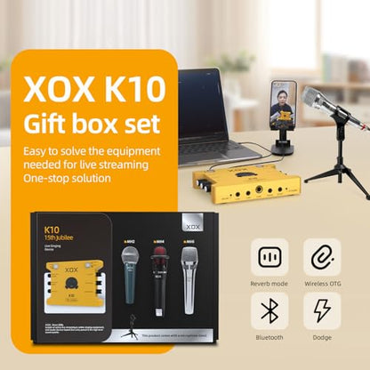 XOX K10 set live streaming audio interface,live sound card,audio mixer with wired microphone,monitor earphone and metal desktop microphone stand. (K10 S1 SET)