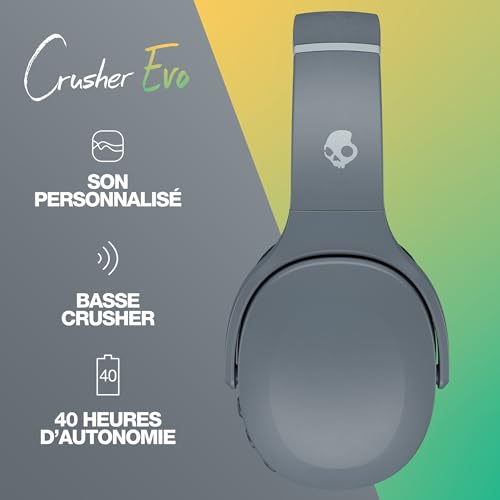 Skullcandy Crusher Evo Wireless Bluetooth Headphones with Extra USB-C Charging Cable, Multi-Sensory Bass, Noise Isolating Over-Ear Fit, 40 Hours Battery, Microphone for iPhone Android - Chill Grey - color: Chill Grey