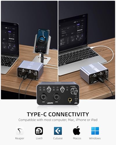LEKATO USB Audio Interface, 24-bit/192kHz Audio Interface with XLR, 48V Phantom Power for Smartphone Computer Recording, Streaming, Guitar, Music Production, Podcast