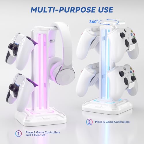 KDD RGB Headset Stand with 9 Light Modes - Controller Holder for Desk - Rotatable Headphone Stand & Detachable Controller Hook for PC Earphone Accessories(White) - color: White