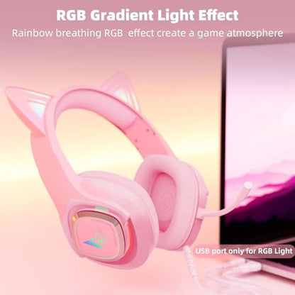 Cat Ear Gaming Headphones Wired AUX 3.5mm LED Headphones Over-Ear Headsets for Kids Girls with Microphone for PC, PS4, PS5, Switch, Xbox, Mobile, Mac, Laptop