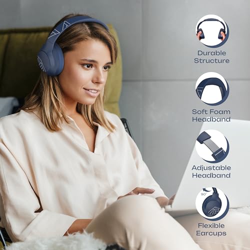 PowerLocus Bluetooth Headphones Over Ear, 50H Playtime with 4 EQ Modes Wireless Headphones with Microphone, HiFi Stereo Deep Bass, Soft Ear Cups, Foldable Lightweight Headset for Travel/Office/Workout - color: Blue
