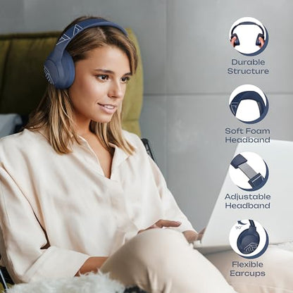 PowerLocus Bluetooth Headphones Over Ear, 50H Playtime with 4 EQ Modes Wireless Headphones with Microphone, HiFi Stereo Deep Bass, Soft Ear Cups, Foldable Lightweight Headset for Travel/Office/Workout - color: Blue