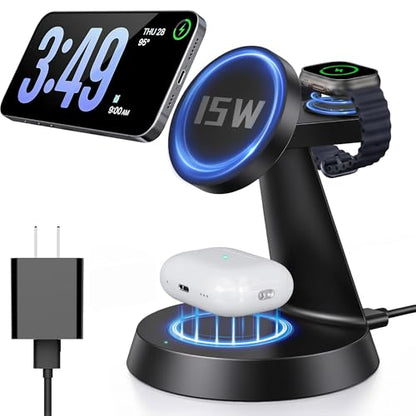 iPhone Charging Station 3 in 1 Wireless Charger for Apple Devices, 15W MagSafe Stand Compatible with iPhone 17 16 15 14 13 12 Pro Max Plus, Charging Dock for AirPods 4 3 2 & iWatch Series (Black) - color: Black