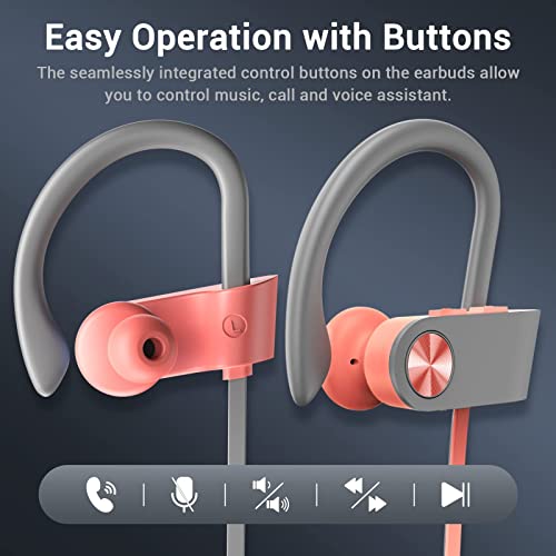Bluetooth 5.3 Headphones, Wireless Sports In-Ear Earbuds IPX7 Waterproof | 16 Hours Playtime, Sweatproof Stereo Earphones with MIC, Noise Cancelling Headsets for Gym Running Workout, Clear Sound - color: Pink
