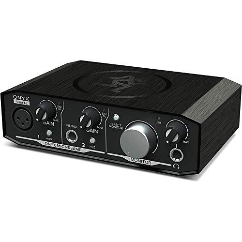 Mackie Onyx Artist 1-2 USB Audio Interface 2-in/2-out USB 2.0, 24-bit/192kHz, with 1 Onyx Mic Preamp and Zero-Latency Monitoring with Gravity Phone Holder and XLR, 1/4in Cable PK2 Bundle