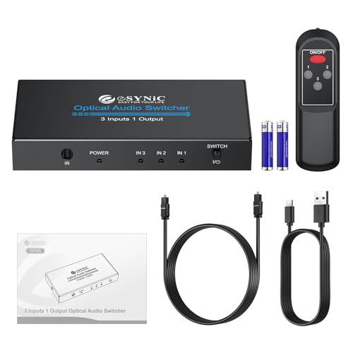 eSynic Portable Digital Optical Audio Switcher 3 in 1 Out-Aluminum Alloy | USB Powered-IR Remote Control-Works with Dolby Digital and DTS Audio Formats From PS4/Blue-Ray/DVD/HDTV to Optical Soundbar