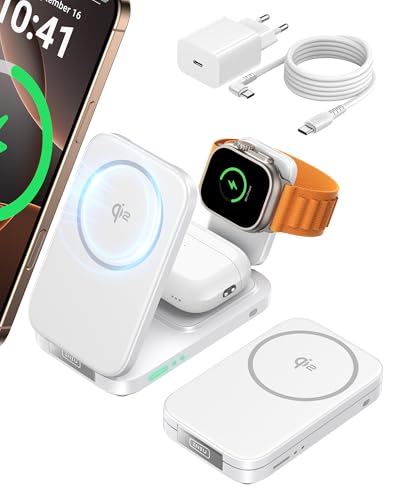 INIU Foldable Magnetic Wireless Charger, Qi2 Certified 3-in-1 Travel Charging Station with 15W Fast Charge - Compatible with Mag-Safe for iPhone 17/16/15 Series, Apple Watch, AirPods (White) - color: White