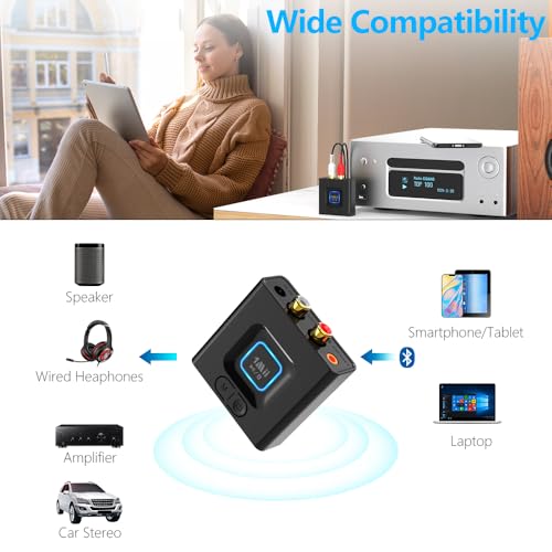 1Mii ML201 Bluetooth 5.1 Audio Receiver for Home Stereo RCA 3.5mm Jack | 12H Playtime, Dual Link, Wireless Hi-Fi Music Streaming from Phone to Powered Speaker/Old Stereo Receiver