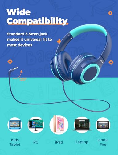 iClever HS22 2-Pack Kids Headphones with Sharing Splitter for School Travel | Share Audio, SafeSound Tech3.0, Tangle-Free, 3.5mm Jack, Foldable, Stereo Sound, Wired Headphones for Kids, Navy Blue & Black - color: Navy Blue & Black