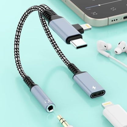 2-in-2 Lightning & USB C to 3.5mm Aux Audio Jack Headphone+Type-C Charge Cable Splitter,Earphone Converter Adapter for Music+Charge Power+HiFi for iPhone14 13 12,iPad,Samsung【Apple MFi Certified】-Gray