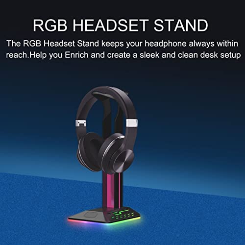 Headphone Stand with RGB Light, Dual USB 2.0 Ports Headset Stand, Stable Gaming Headset Holder with Non Slip Rubber Pad Desk Earphone Hanger for PC Gamers, 10.5x4.8x4.1in