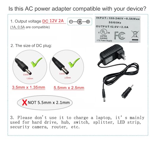 DCHAV 12V 2A Power Supply 5.5mmx2.5mm and 3.5mmx1.35mm Tip AC to DC Adapter 100-240V to 12vdc Power Cord 4ft 12 Volt 2amp 24W 5.5x2.5mm 3.5x1.35mm for CCTV Camera LED Light Router (Not 5.5x2.1mm) - size: 12V2A