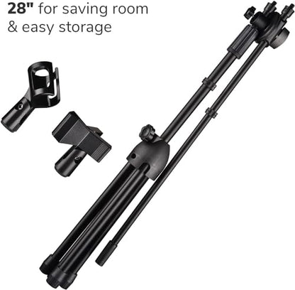 Adjustable Microphone Tripod Stand 31" To 53", 360-Degree Rotatable Boom Arm 2 Microphone Clips Foldable & Stable Design Boom Mic for Band Practice, Music, Speeches, Stage, Live Stream (1)