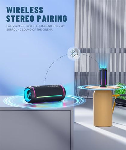 Ortizan X30 Portable Bluetooth Speaker (3rd Gen), 40W Loud Bass, Black | IPX7 Waterproof for Pool Parties & Outdoor Adventures, 30-Hour Battery, Beat-Synced LED Lights, Wireless Stereo Pairing