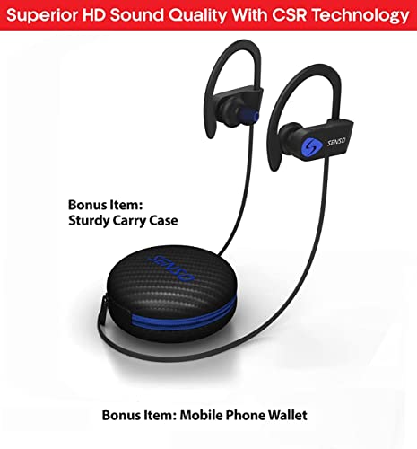 Senso Bluetooth Headphones, Best Wireless Sports Earphones w/Mic IPX7 Waterproof HD Stereo Sweatproof Earbuds for Gym Running Workout 8 Hour Battery Noise Cancelling Headsets (Black Blue)