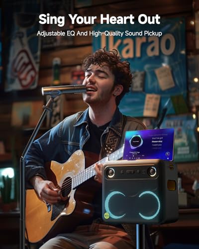 Ikarao 마이크 스탠드가 있는 노래방 기계, 파티, 뒷마당, 노래방 시스템을 위한 휴대용 블루투스 스피커, 성인 어린이, 여성, 남성, 노래 애호가를 위한 무선 마이크 2개 포함 - size: Break X2 with Wireless Microphones and Mic Stand