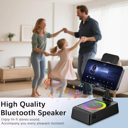 Gifts for Men Women, Cell Phone Stand with Wireless Bluetooth Speaker, 4 in 1 Bluetooth Speaker, for Men Women Teens, LED Lights 360° Phone Holder Compatible with Phones iPad - color: Jet Black