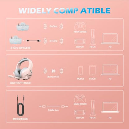 BINNUNE Wireless Gaming Headset for Xbox Series X/S, Xbox One, 120H Ultra-Long Battery, Bluetooth 5.3 Gaming Headphones with Noise-Canceling Mic, Comfortable Over-Ear Headphones,Pink - color: Pink