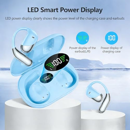 Open Ear Wireless Earbuds Headphones, Bluetooth Built-in Mic,Waterproof, LED Display Charging Case,on Ear Hooks Clip Ear Buds，Ultra-Comfort Earphones Design for Walking/Running/Sport - color: blue‌green721