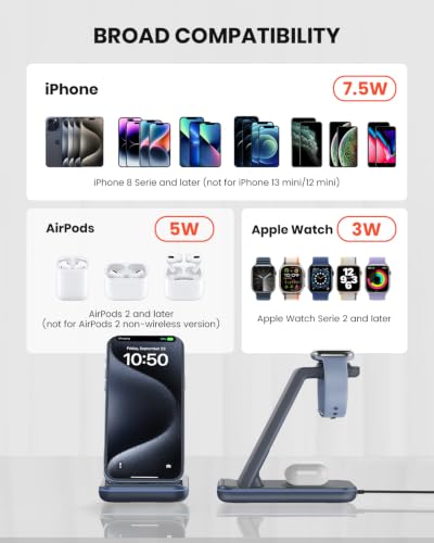 GEEKERA Wireless Charger, 3 in 1 Wireless Charging Station for iPhone Air/17/16/15/14/13/12/11/Pro Max/X/8, Phone and Watch Charger Stand for Apple Watch Ultra 3-2/11-2/SE, AirPods Pro/4/3/2, gunmetal - color: gunmetal