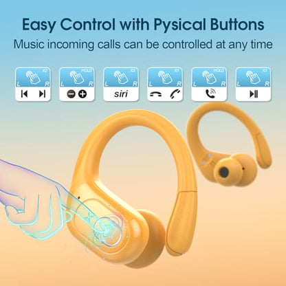 Wireless Earbuds 75H Bluetooth 5.4 Sport Headphones with Earhooks, Yellow | IPX7 Waterproof In-ear Buds Feature ENC Noise Cancelling Mic & Deep Bass. Stereo Sound Device for Gym Running Workout - color: Yellow