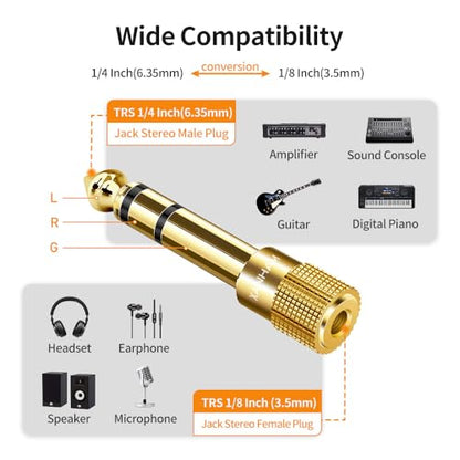 1/4 Inch 6.35mm Male to 1/8 Inch 3.5mm Female TRS Stereo Audio Jack Quarter Inch to Headphone Aux Adapter for Aux Cable, Guitar Amplifier, Speaker, etc. (2 Pack)