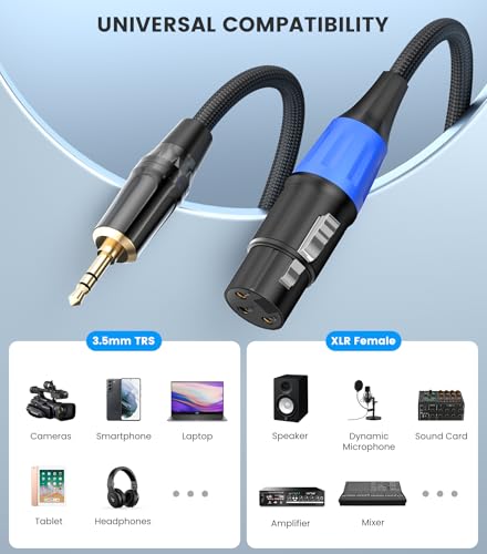 Unbalanced 3.5mm to XLR Female Microphone Cable, 10FT | 1/8 inch Stereo Jack Aux to Regular Female XLR Cord for Laptop, Speaker, Mixer, With Gold-Plated & Braided Design - size: 10 feet