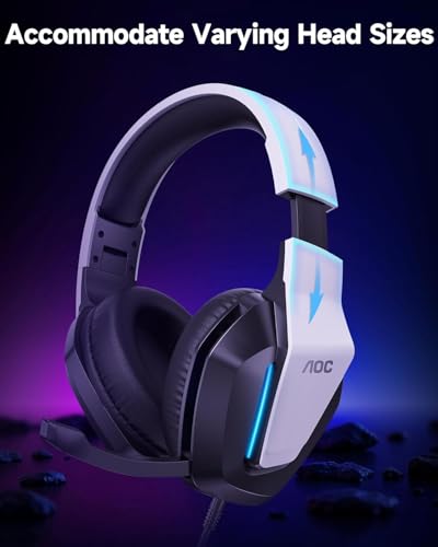 AOC Wired Gaming Headset, Headphones for Xbox Series PS5 PC Switch, White | Surround Sound, Noise Canceling Over-Ear Gaming Mic, RGB Lights, 50mm Drivers, 3.5mm Jack - color: White