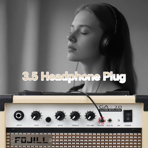 Fojill 20W Watt Electric Guitar Amplifier Amp Practice Small Portable Travel Mini Amp with 3.5 Headphone Jack Aux Distortion Gain Treble Bass Volume (Cream, 20W) - color: Cream